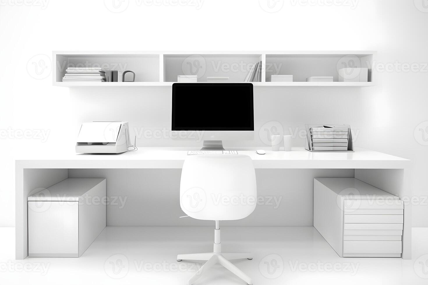 ai genererad kontor arbetsplats skrivbord i främre av tömma stol isolerat på vit bakgrund, neuralt nätverk genererad bild foto