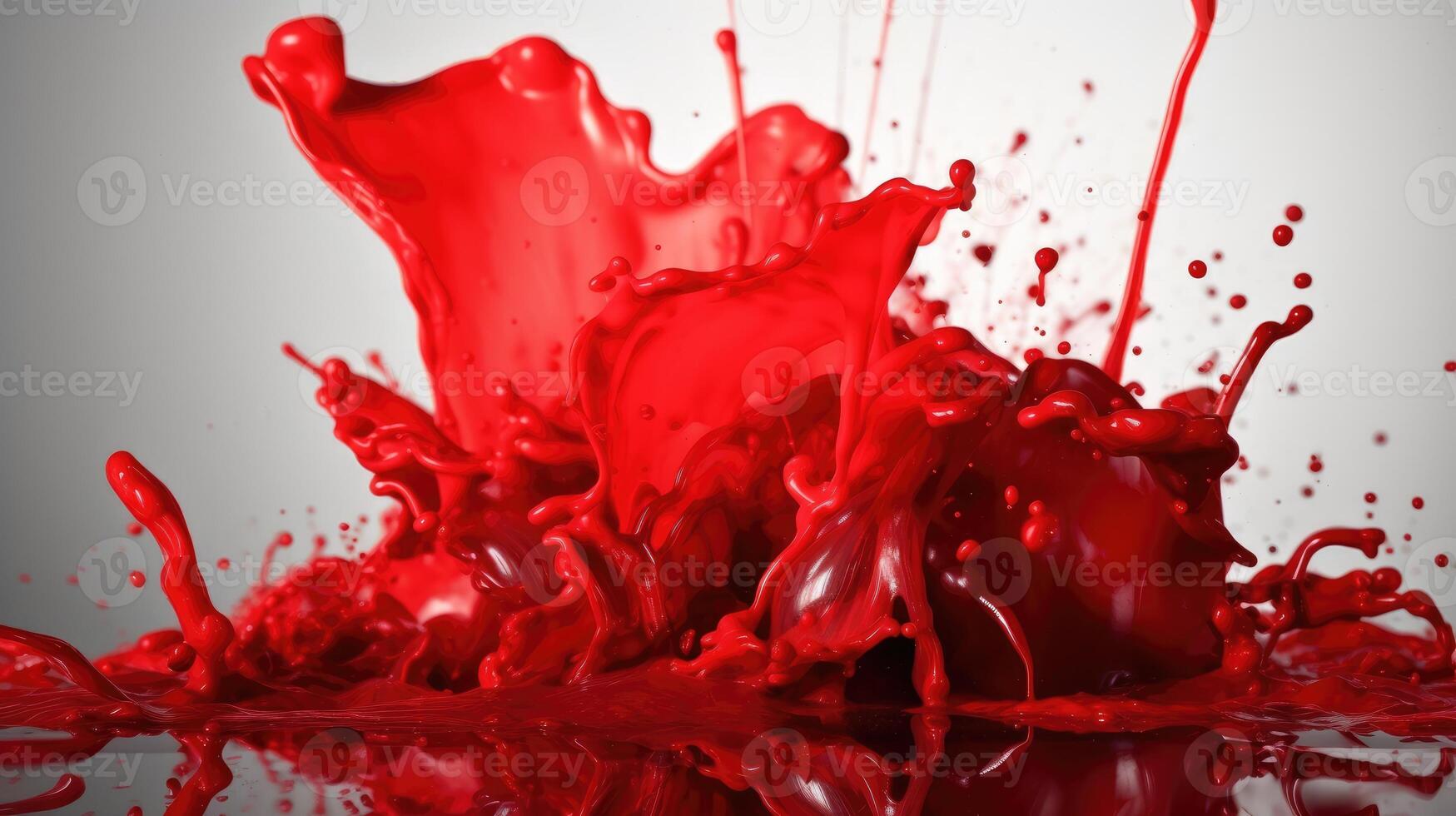 ai genererad dynamisk explosion av vibrerande röd måla stänk mot en ren grå bakgrund, illustrerar rörelse och energi i levande nyanser. blod strömmande och stänka ner. foto