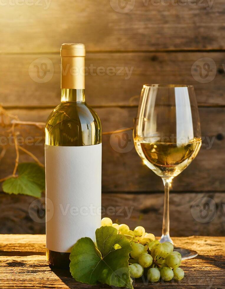 ai genererad vin flaska mockup, glas av vin på trä- bakgrund, mall foto