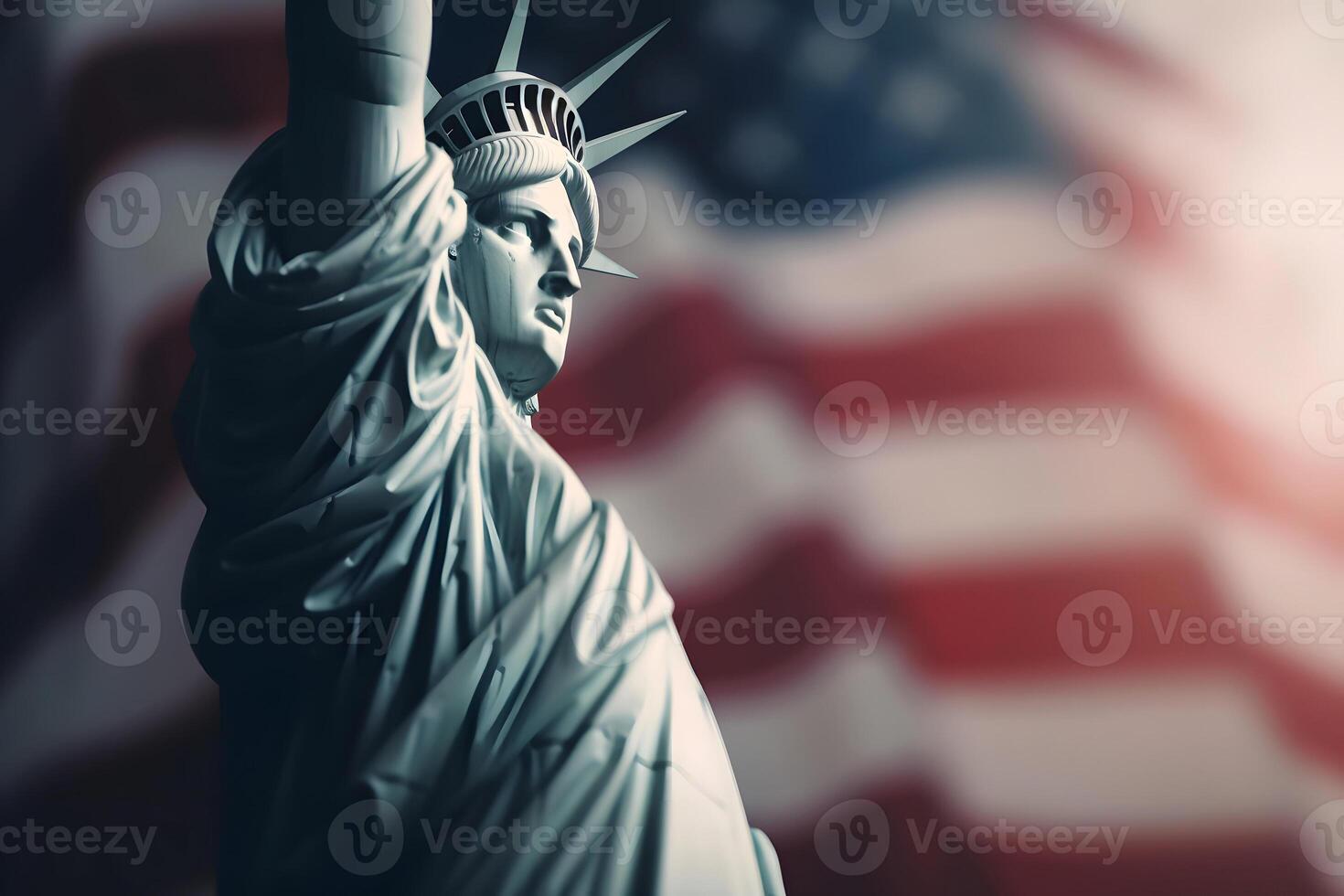 ai genererad staty av frihet i främre av förenad stater av Amerika suddig nationell flagga. neuralt nätverk genererad fotorealistisk fotorealistisk bild foto
