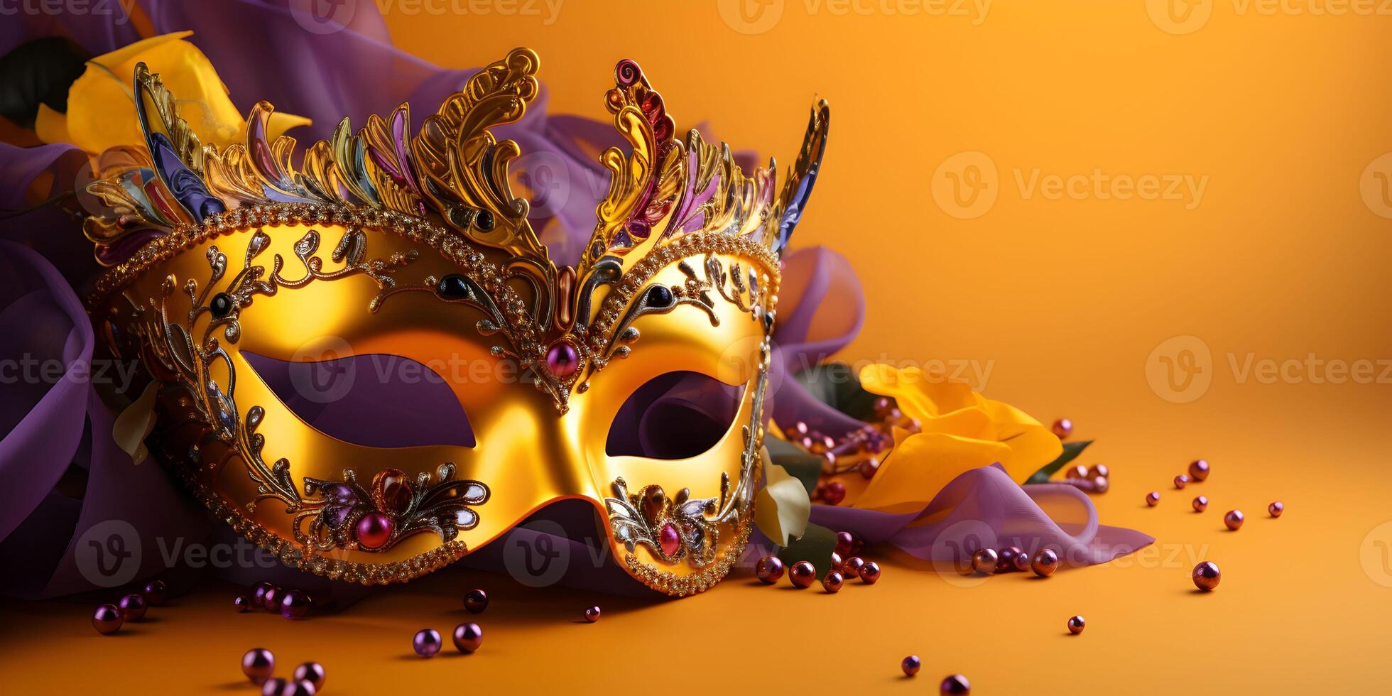 ai genererad färgrik traditionell venetian eller mardi gras karneval mask med dekoration för nationell festival firande på gul bakgrund med kopia Plats. foto
