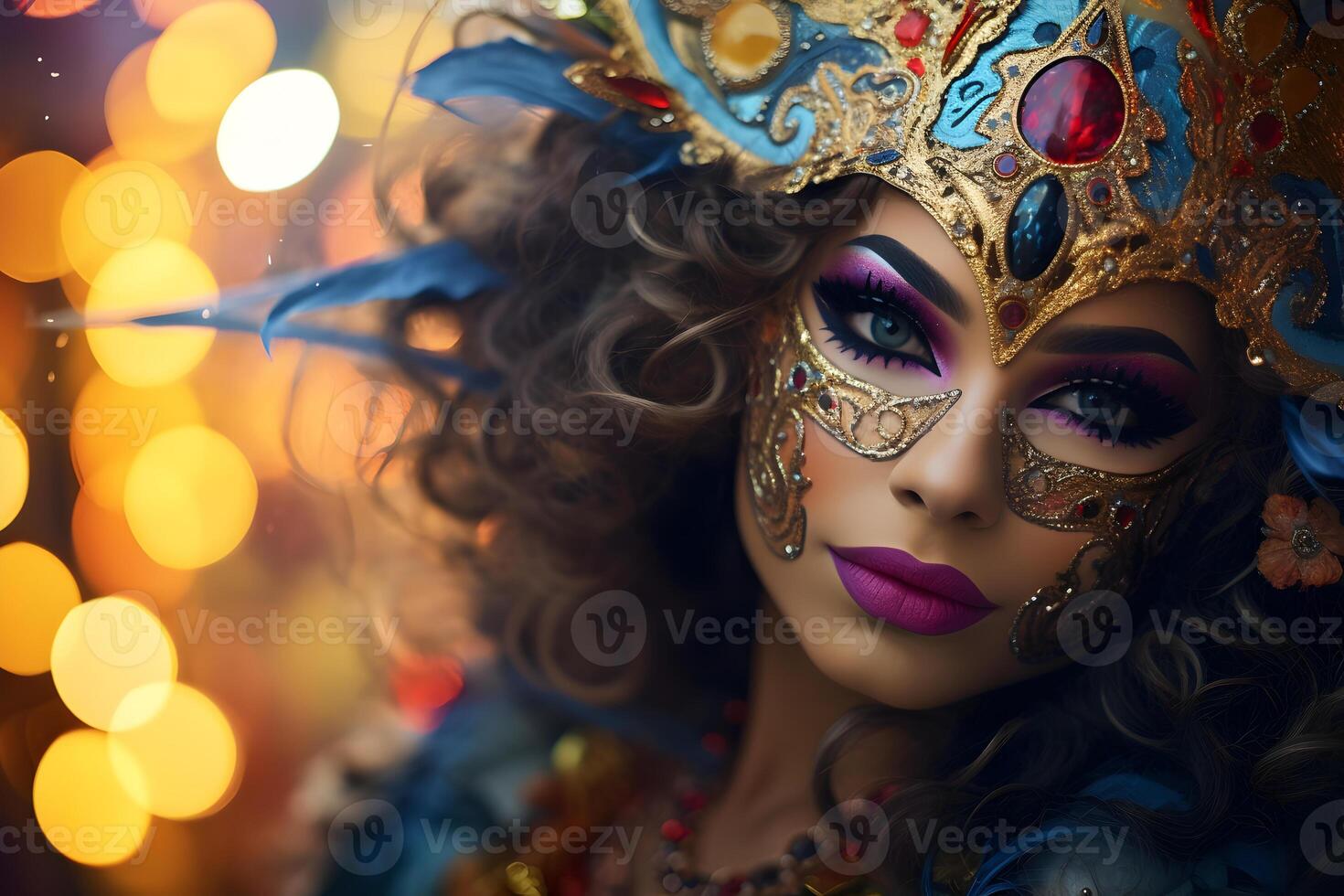 ai genererad skön närbild porträtt av ung kvinna i traditionell venetian karneval mask och kostym, på de nationell Venedig festival i Italien. foto