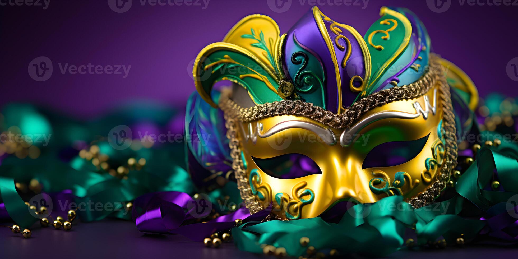 ai genererad färgrik traditionell mardi gras karneval mask med guld, grön färger dekoration för nationell festival firande på lila bakgrund med kopia Plats. foto