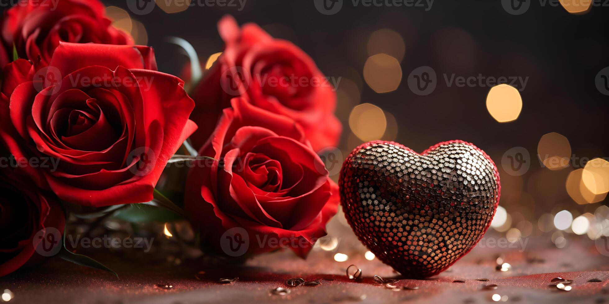 ai genererad festlig valentines mörk bakgrund med dyrbar hjärta dekoration och röd ro blommor. alla hjärtans dag, mammor, kvinnor dag, bröllop eller födelsedag baner begrepp med kopia Plats. foto