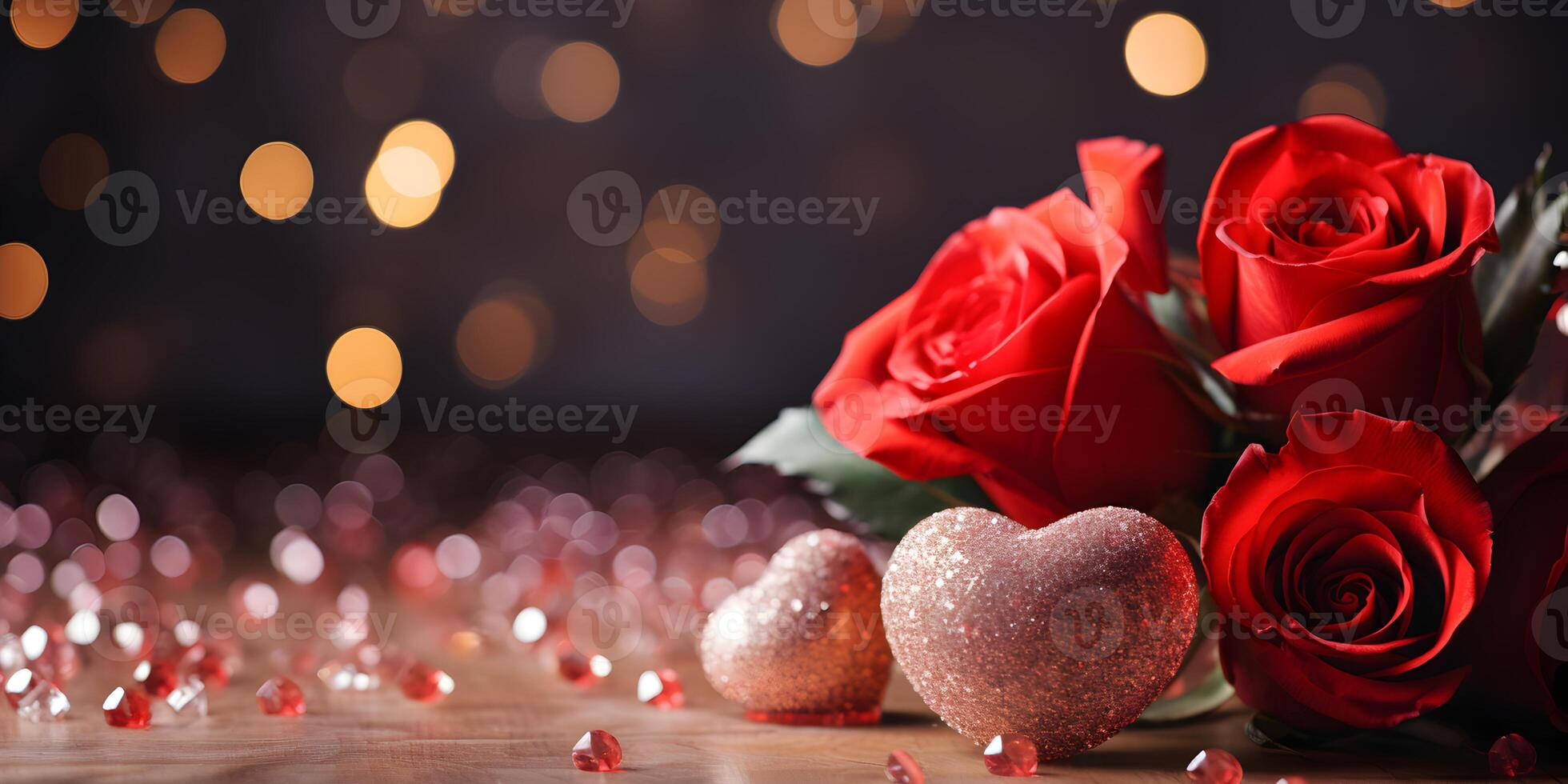 ai genererad festlig valentines bakgrund med gnistrande hjärtan dekoration och röd ro blommor. alla hjärtans dag, mammor, kvinnor dag, bröllop eller födelsedag baner begrepp med kopia Plats. foto