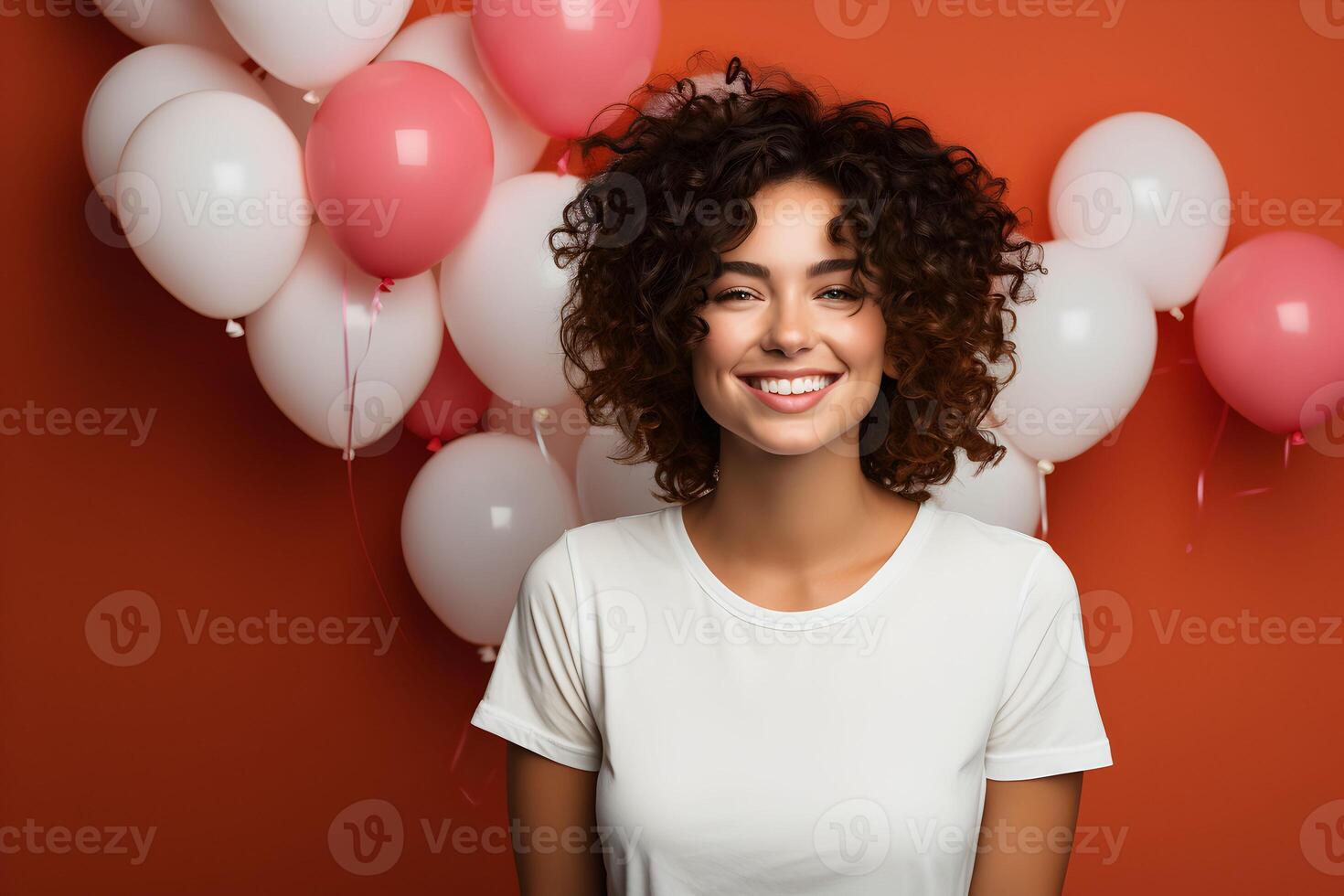 ai genererad ung kvinna bär bella duk vit skjorta mockup, röd bakgrund med ballonger. valentines dag eller födelsedag design tshirt mall, skriva ut presentation mock-up. foto