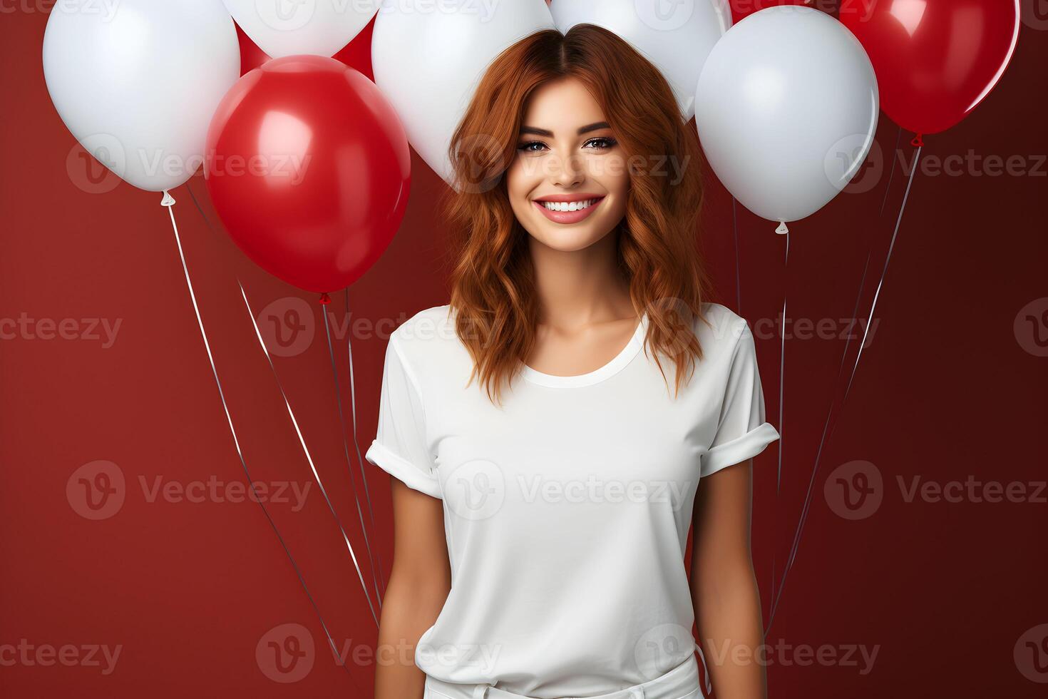 ai genererad ung rödhårig kvinna bär bella duk vit skjorta mockup, röd bakgrund med ballonger. valentines dag eller födelsedag design tshirt mall, skriva ut presentation mock-up. foto