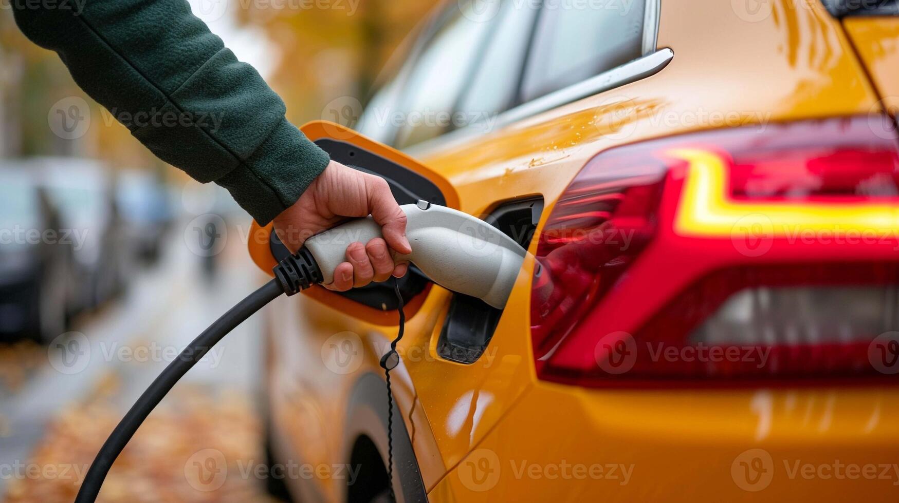 ai genererad närbild av en hand plugging i elektrisk bil ev laddare ansluter en laddare till ett elektrisk fordon på en lövströdda gata. rena hållbar energi transport. foto