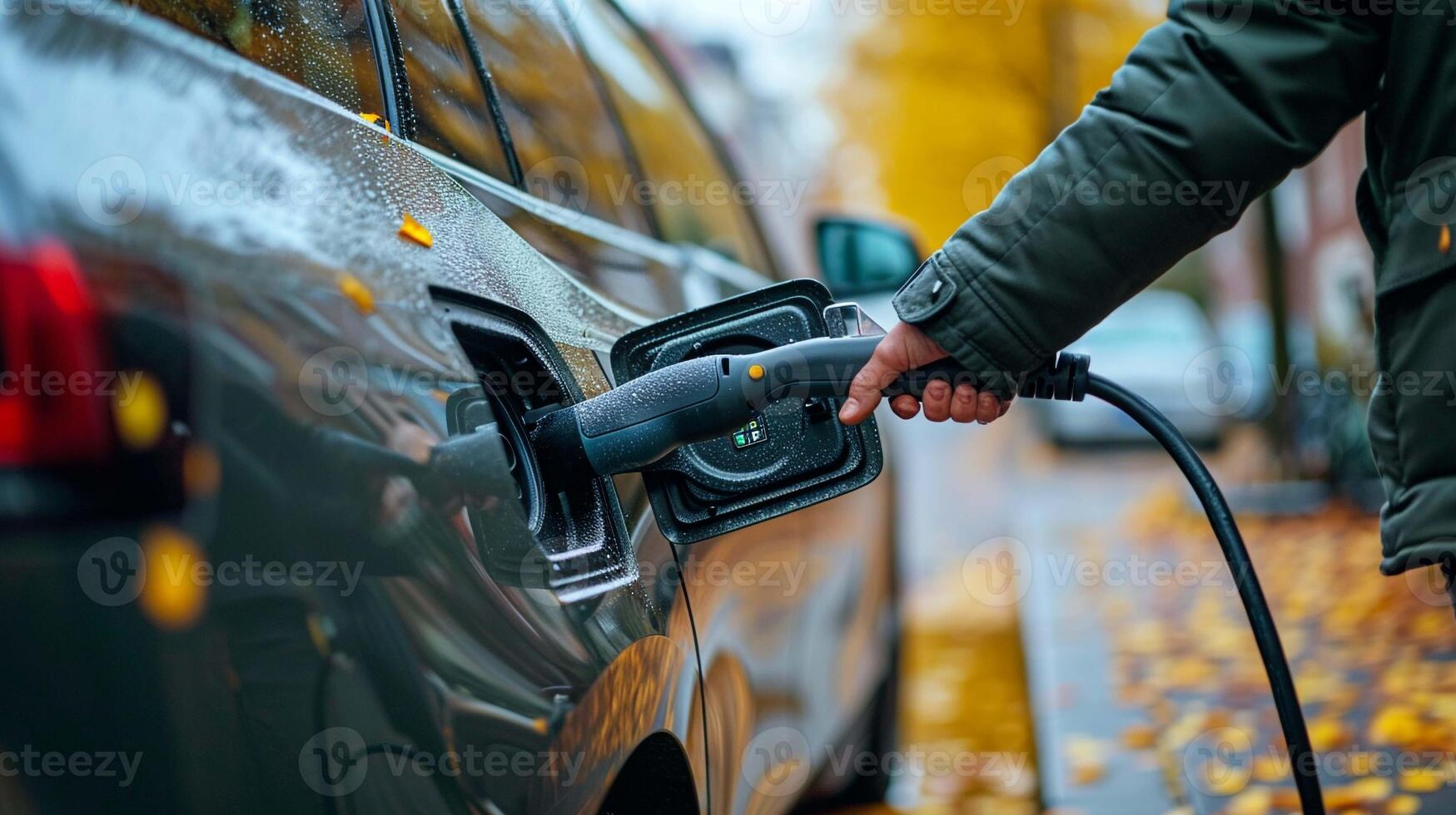 ai genererad närbild av en hand plugging i elektrisk bil ev laddare ansluter en laddare till ett elektrisk fordon på en lövströdda gata. rena hållbar energi transport. foto