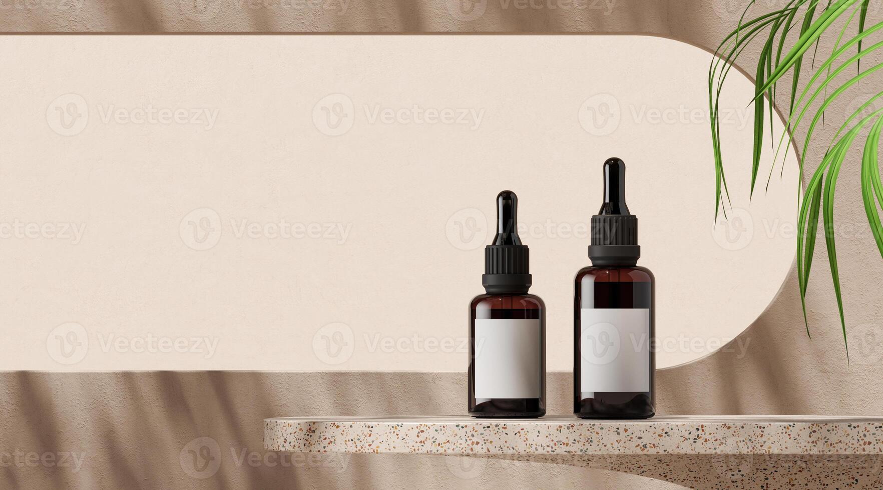 två dropper flaskor på beige terrazzo plattform, abstrakt bakgrund för kosmetisk presentation. 3d tolkning foto