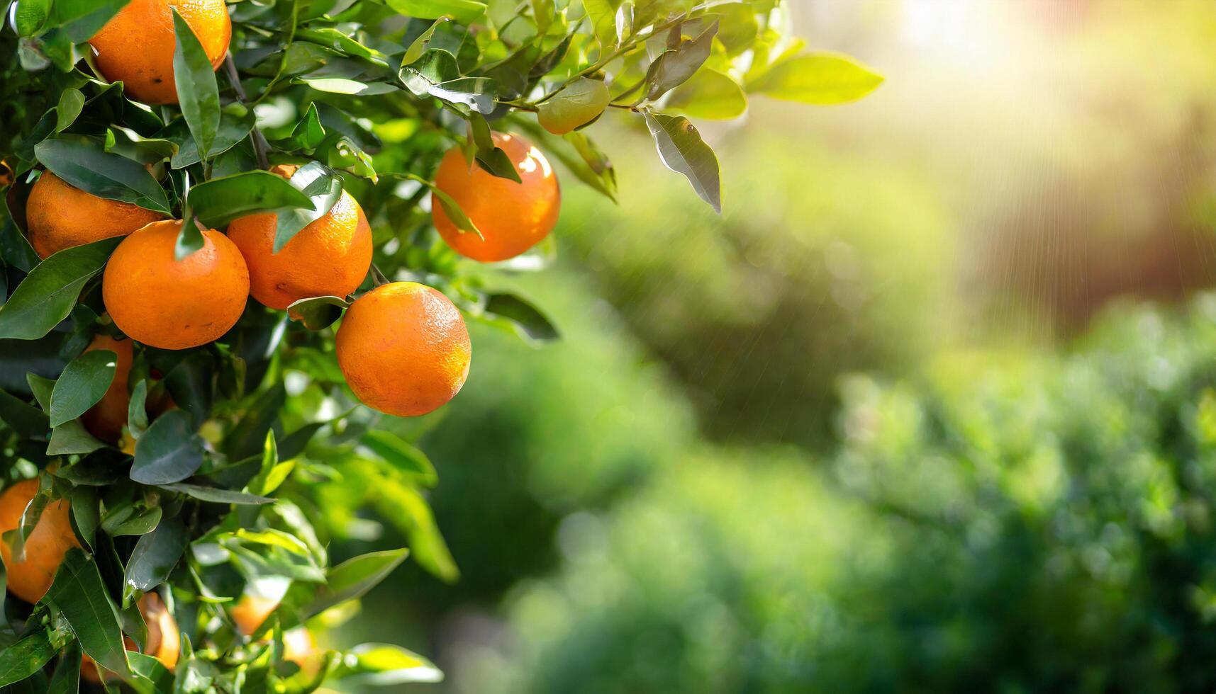 ai genererad citrus- grenar med organisk mogen färsk apelsiner mandariner växande på grenar med grön lämna bakgrund foto