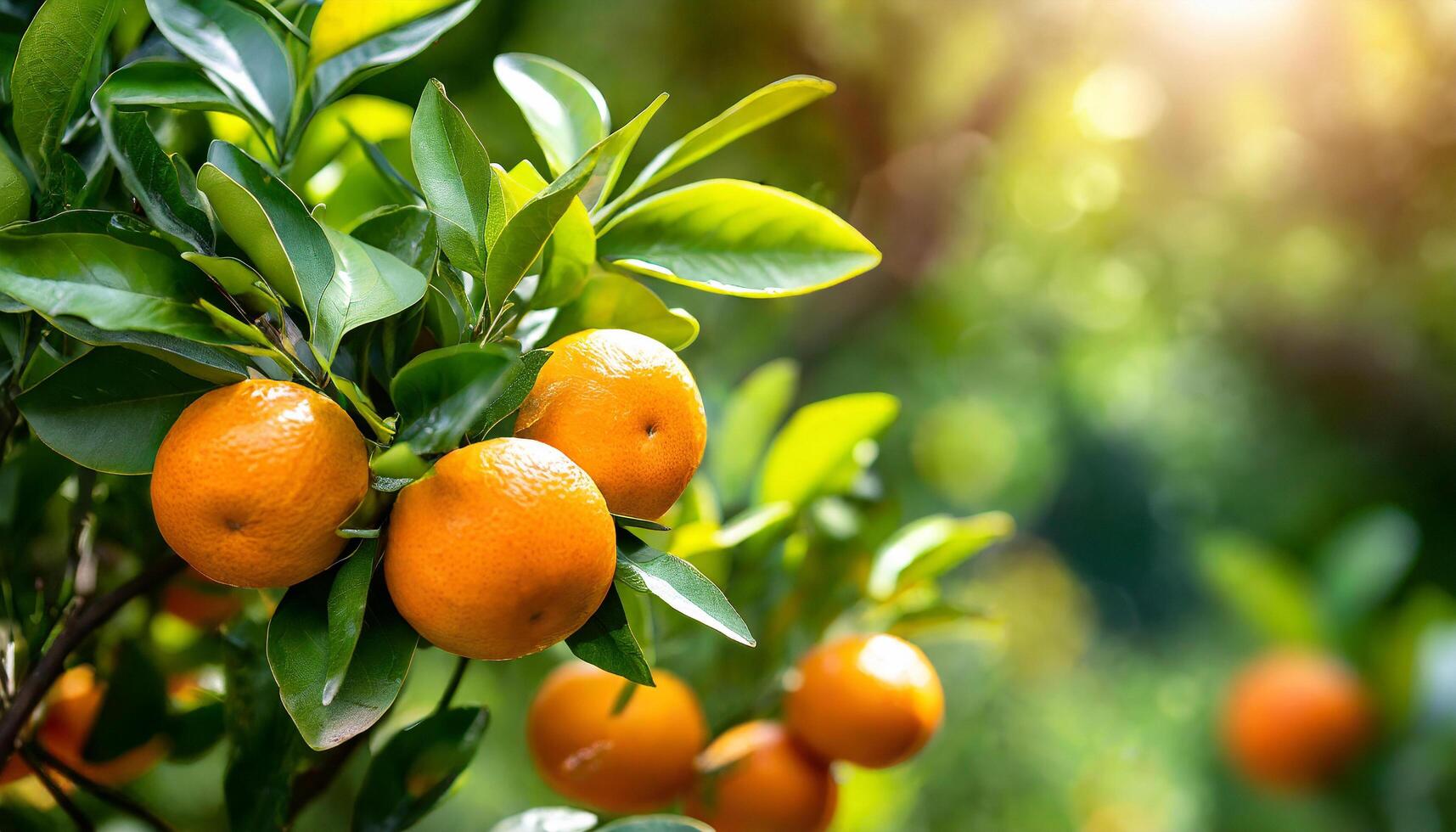 ai genererad citrus- grenar med organisk mogen färsk apelsiner mandariner växande på grenar med grön lämna bakgrund foto