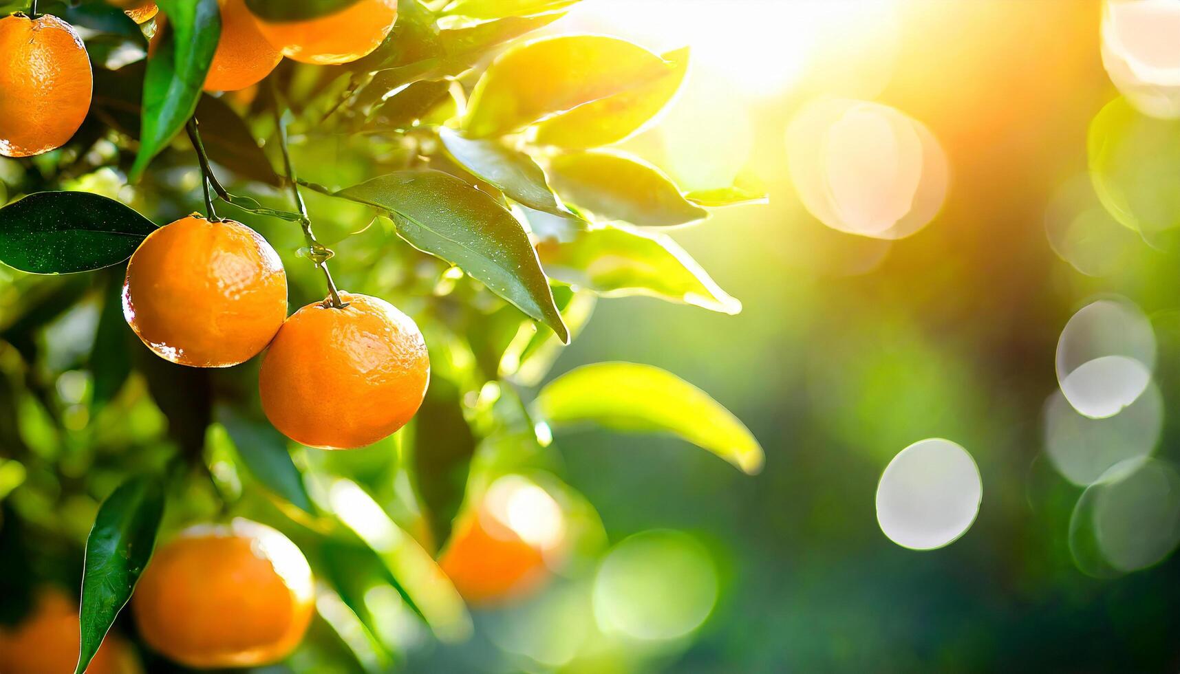 ai genererad citrus- grenar med organisk mogen färsk apelsiner mandariner växande på grenar med grön lämna bakgrund foto