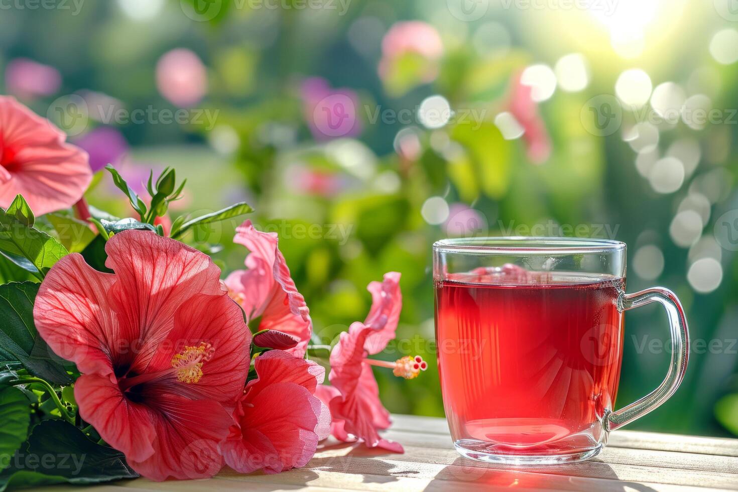 ai genererad varm hibiskus kopp av te med blommor i de bakgrund. frukost picknick tabell uppstart. generativ ai foto