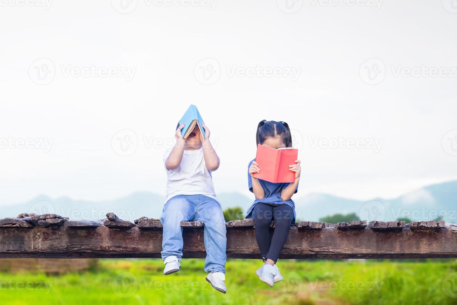 pojke och flicka Sammanträde på trä- bro med klippning väg läsning böcker, glad barn Sammanträde på trä- bro, asiatisk barn spelar i trädgård foto