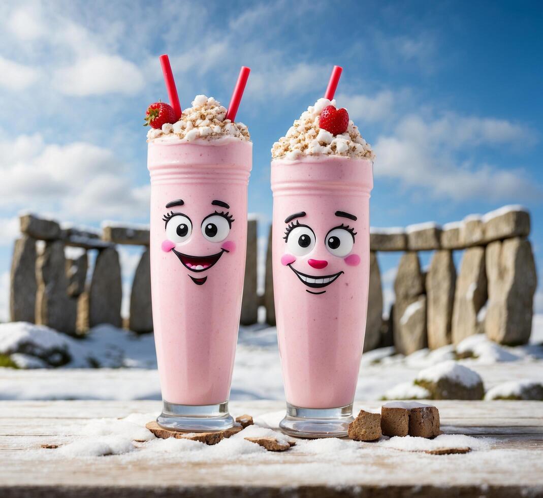 ai genererad rolig milkshakes i rosa glasögon med smiley ansikten på de bakgrund av sten vägg foto