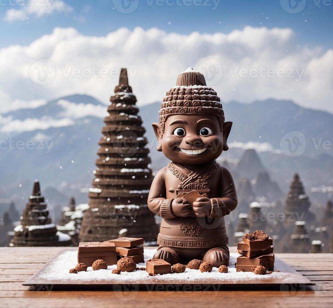 ai genererad choklad buddha maskot karaktär med choklad foto