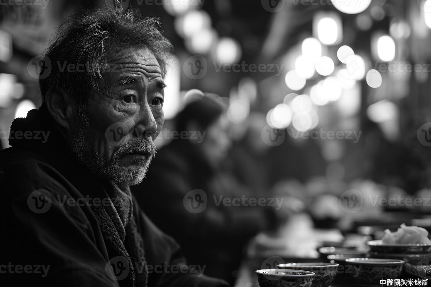 ai genererad porträtt av ett asiatisk äldre man på en stad gata i de kväll foto