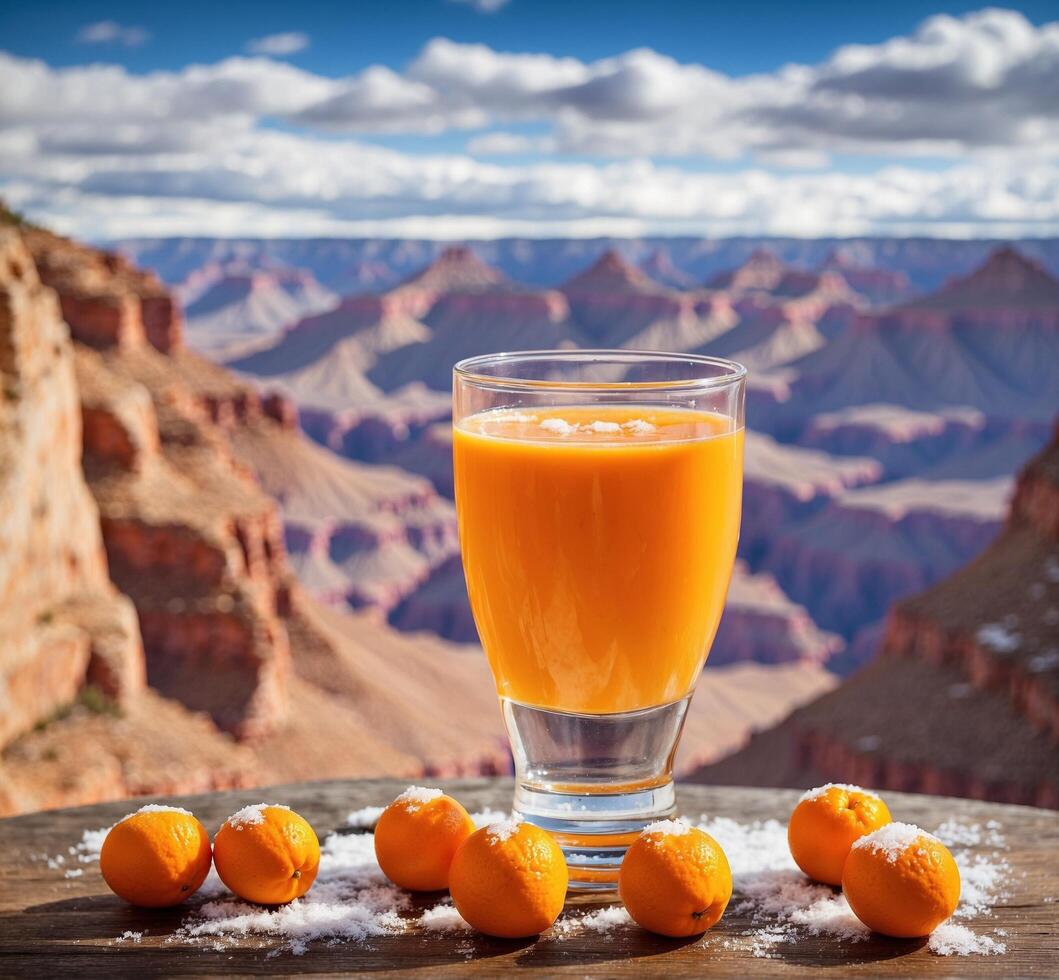 ai genererad en glas av mandarin juice på de bakgrund av de stor kanjon, arizona, USA foto