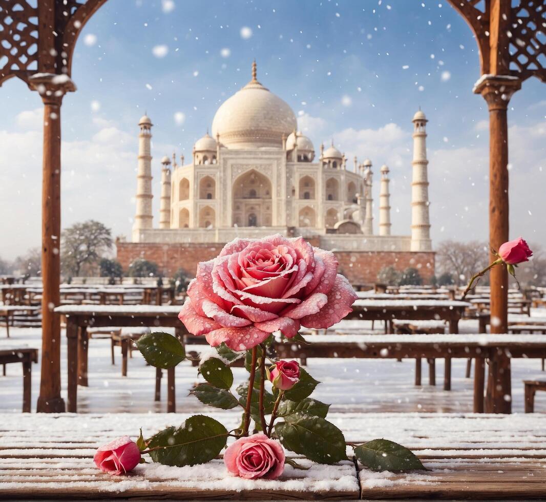 ai genererad taj mahal i de snö med rosor, ny delhi, Indien foto