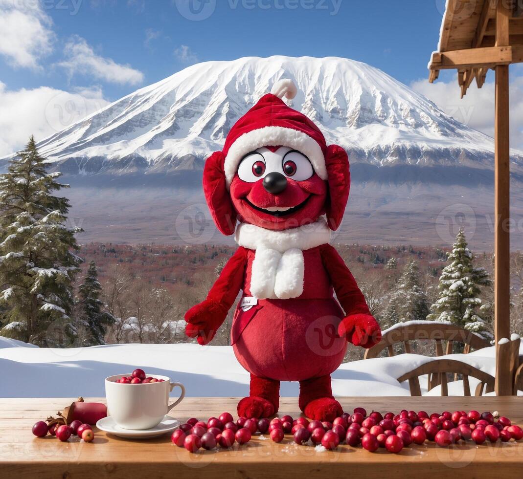 ai genererad söt tranbär maskot karaktär med röd bär på de bakgrund av montera fuji foto