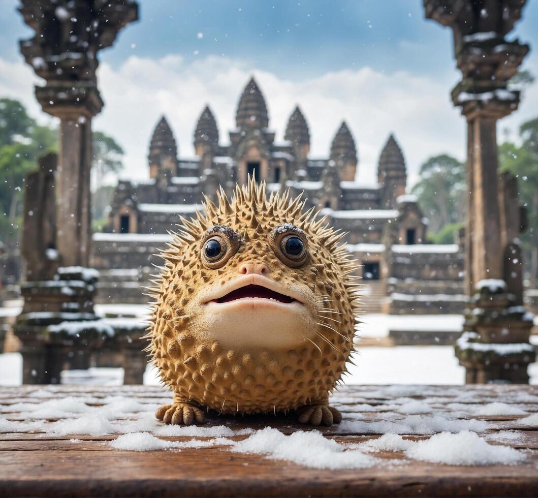 ai genererad puffer fisk i främre av angkor wat tempel i cambodia foto