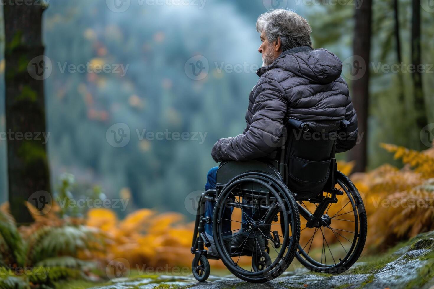 ai genererad porträtt av ett äldre Inaktiverad man i ett höst skog foto