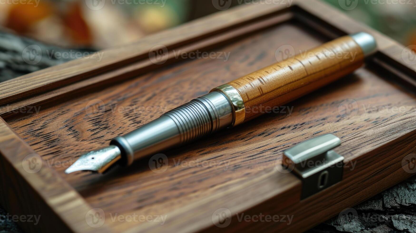 ai genererad eleganta fontän penna med en eleganta låda på de tabell foto