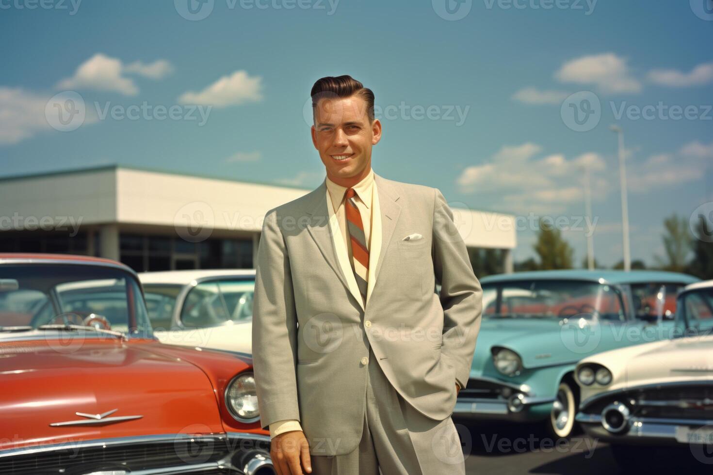 ai genererad en man i en formell kostym mot de bakgrund av många gammal bilar. retro fotografi foto