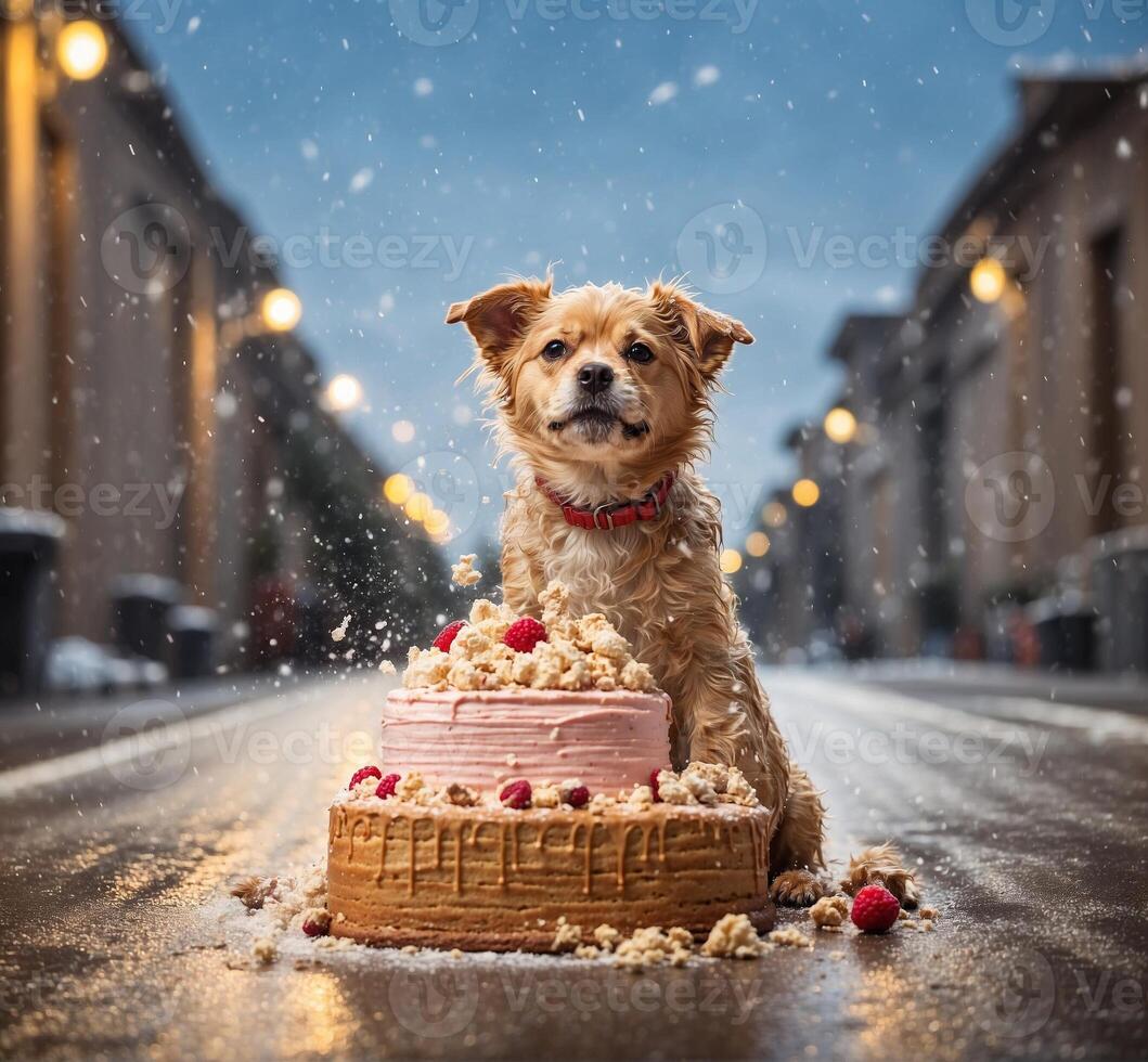 ai genererad söt hund med kaka på de gata i de snöfall. foto