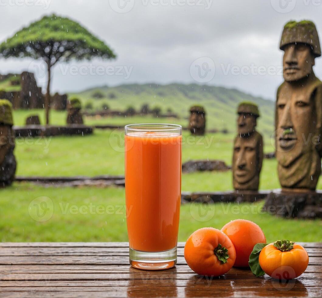 ai genererad glas av färsk persimon juice på en trä- tabell i främre av de statyer av azorerna. foto