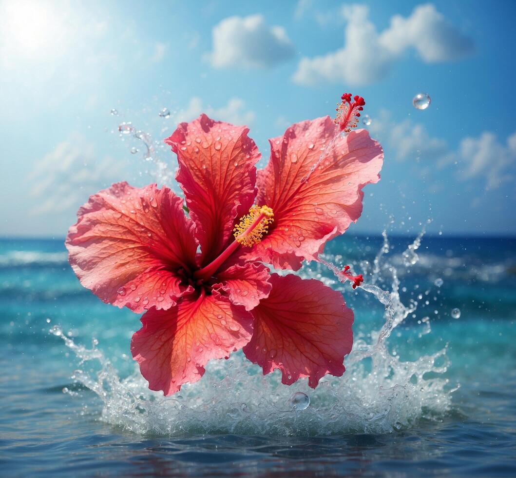 ai genererad rosa hibiskus blomma med vatten droppar på blå himmel bakgrund foto