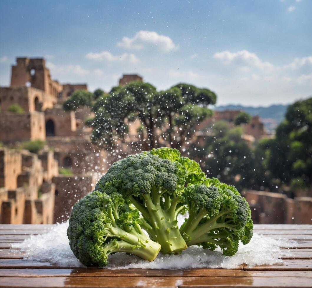 ai genererad broccoli i främre av de roman colosseum i rom, Italien foto