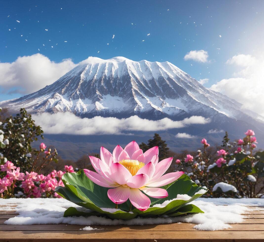 ai genererad skön rosa lotus blomma med montera fuji i de bakgrund. foto