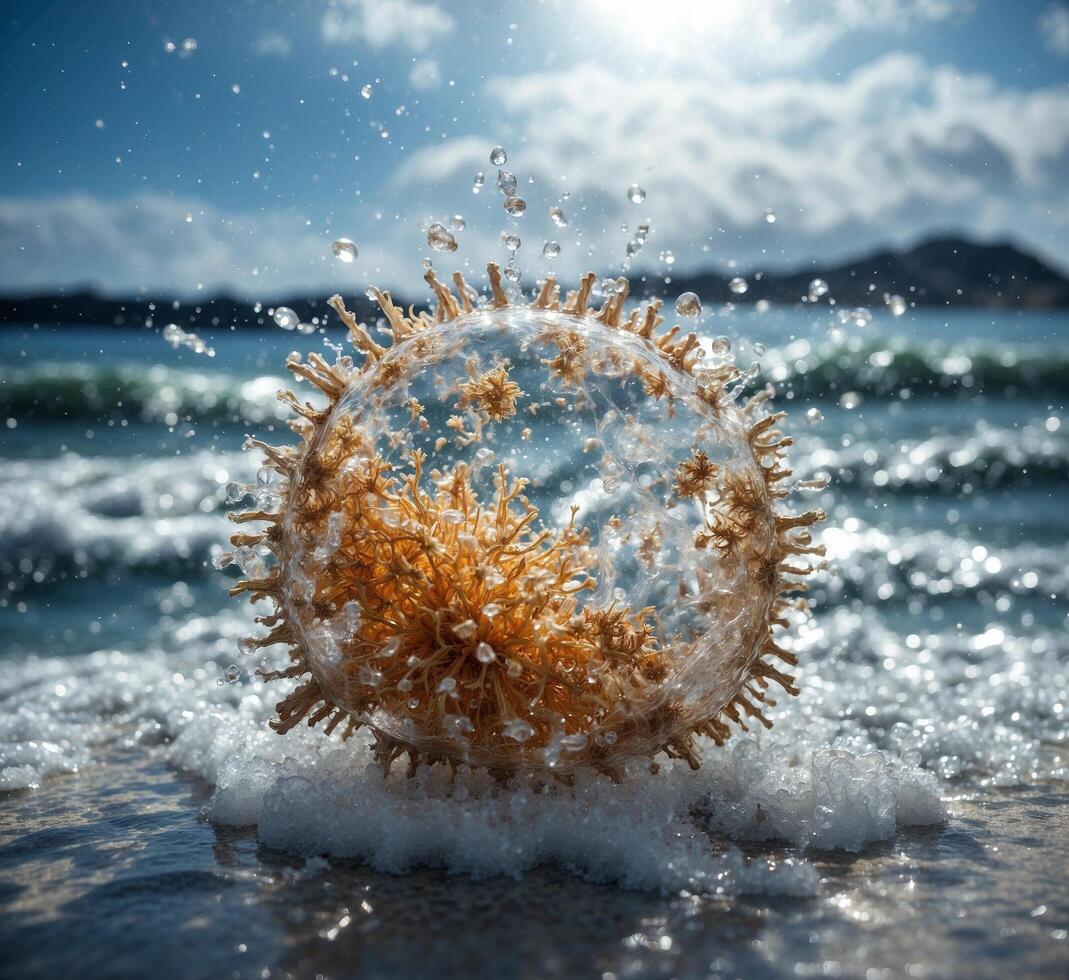 ai genererad coronavirus covid-19 virus på de strand. foto