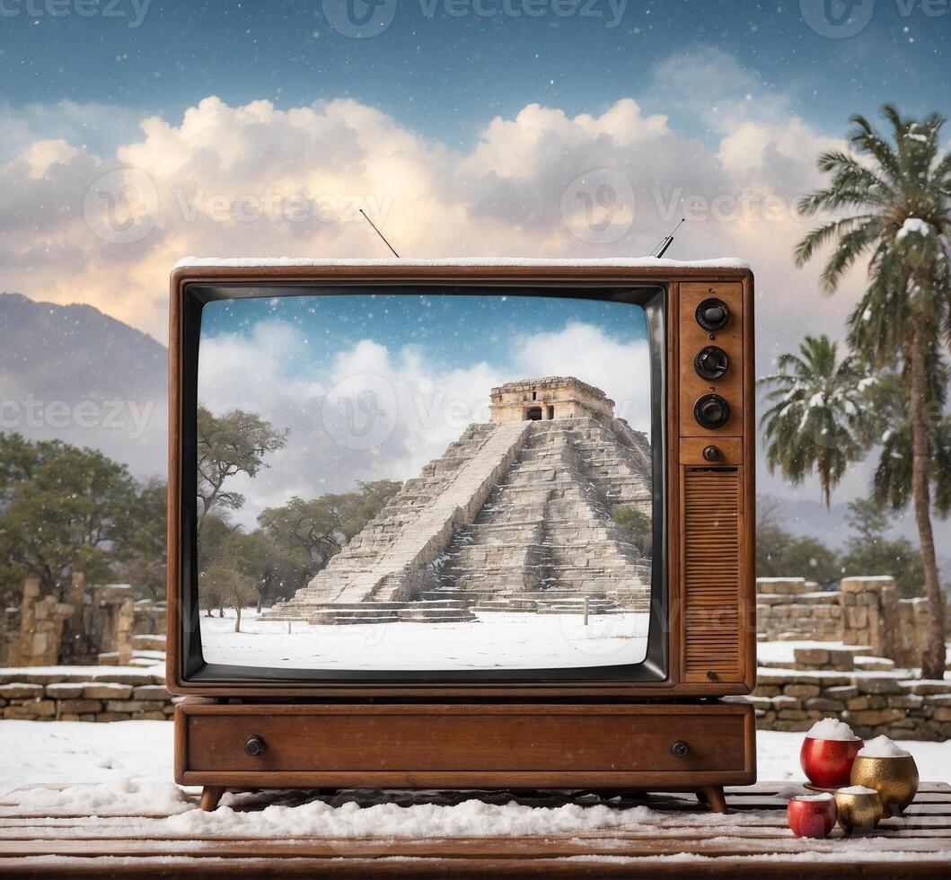 ai genererad gammal mayan pyramid med gammal TV på trä- tabell med snö. foto