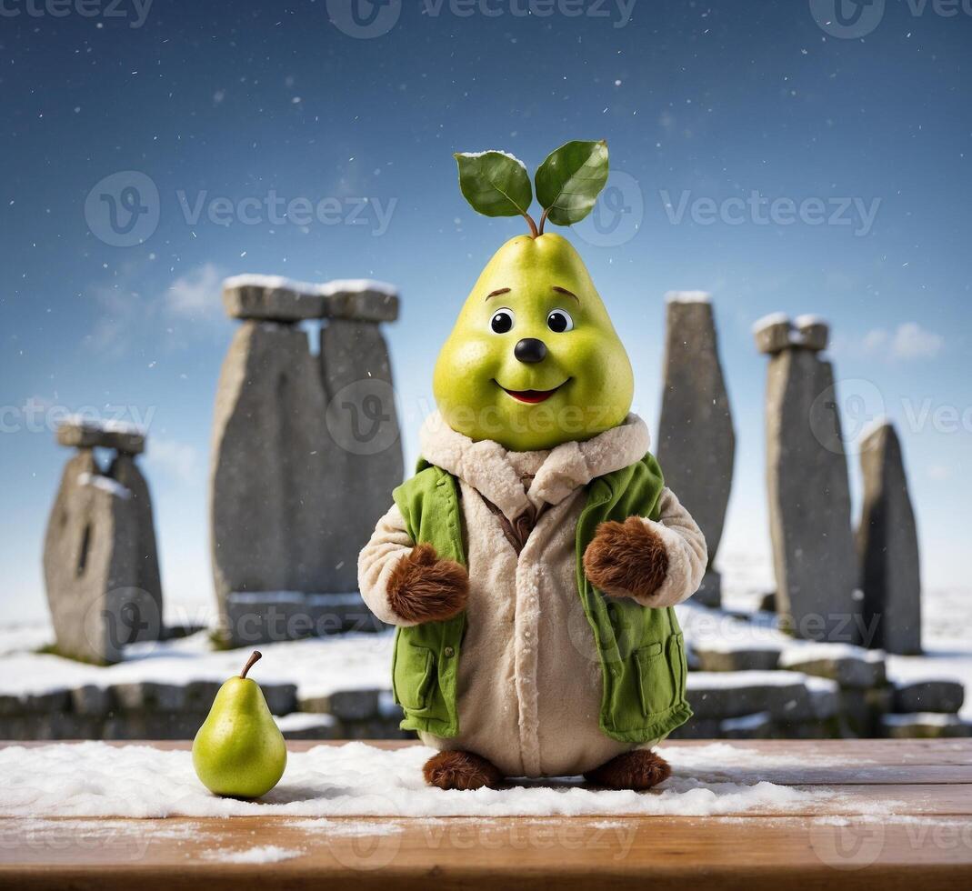 ai genererad rolig päron maskot karaktär med päron på snöig megalitisk bakgrund foto