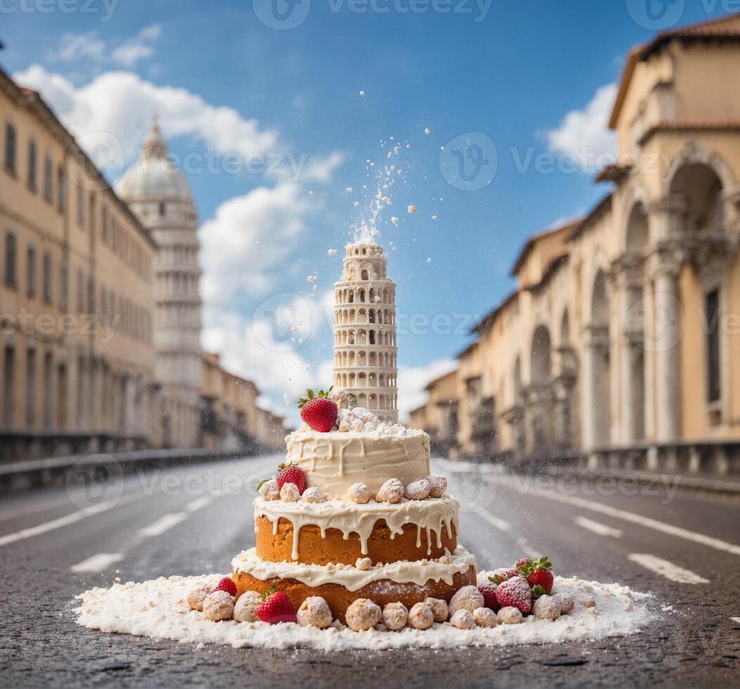 ai genererad födelsedag kaka med torn av pisa, Toscana, Italien foto