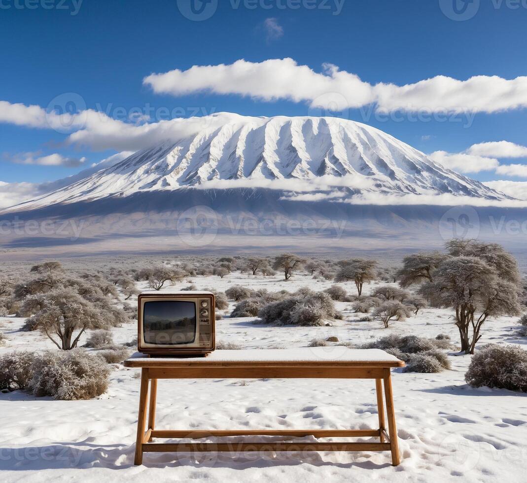 ai genererad årgång TV på de bakgrund av montera fuji i vinter, japan foto
