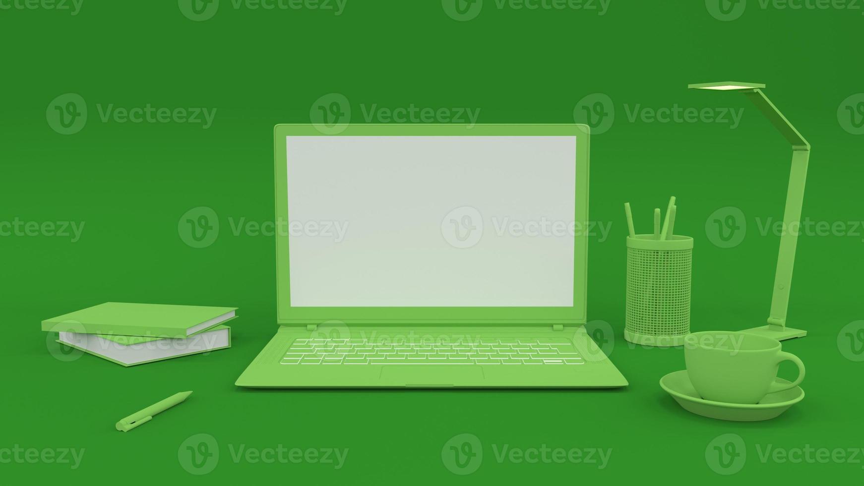enkel mock up komposition med bärbar dator på grön bakgrund 3d render foto
