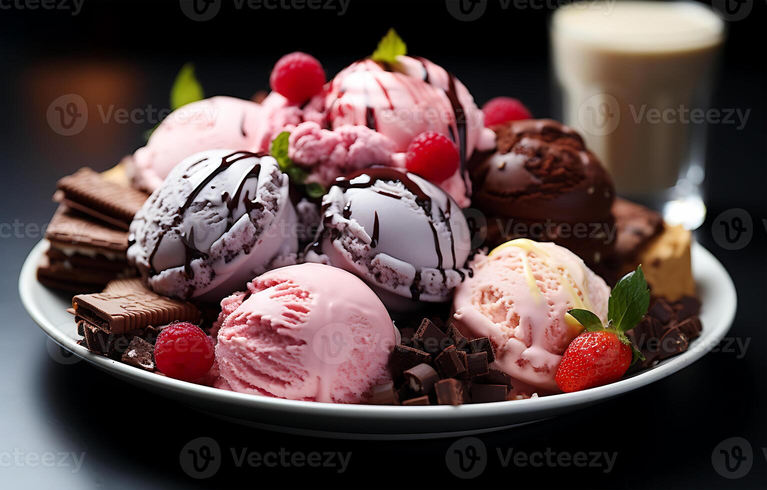 ai genererad utsökt färsk mat vanilj och jordgubb is grädde i annorlunda stilar på en tallrik foto