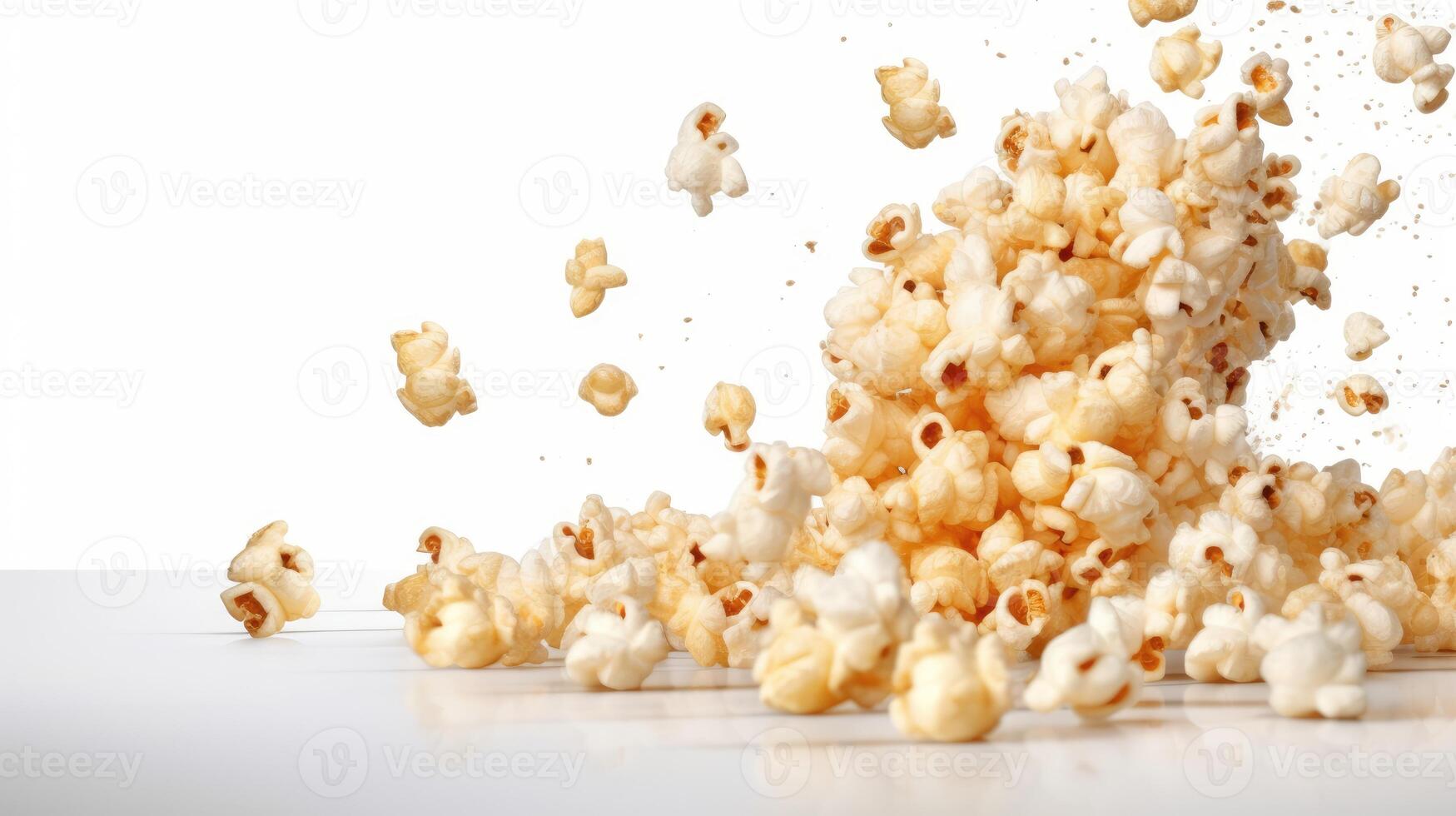 ai genererad faller popcorn stänk, isolerat på en vit bakgrund. foto