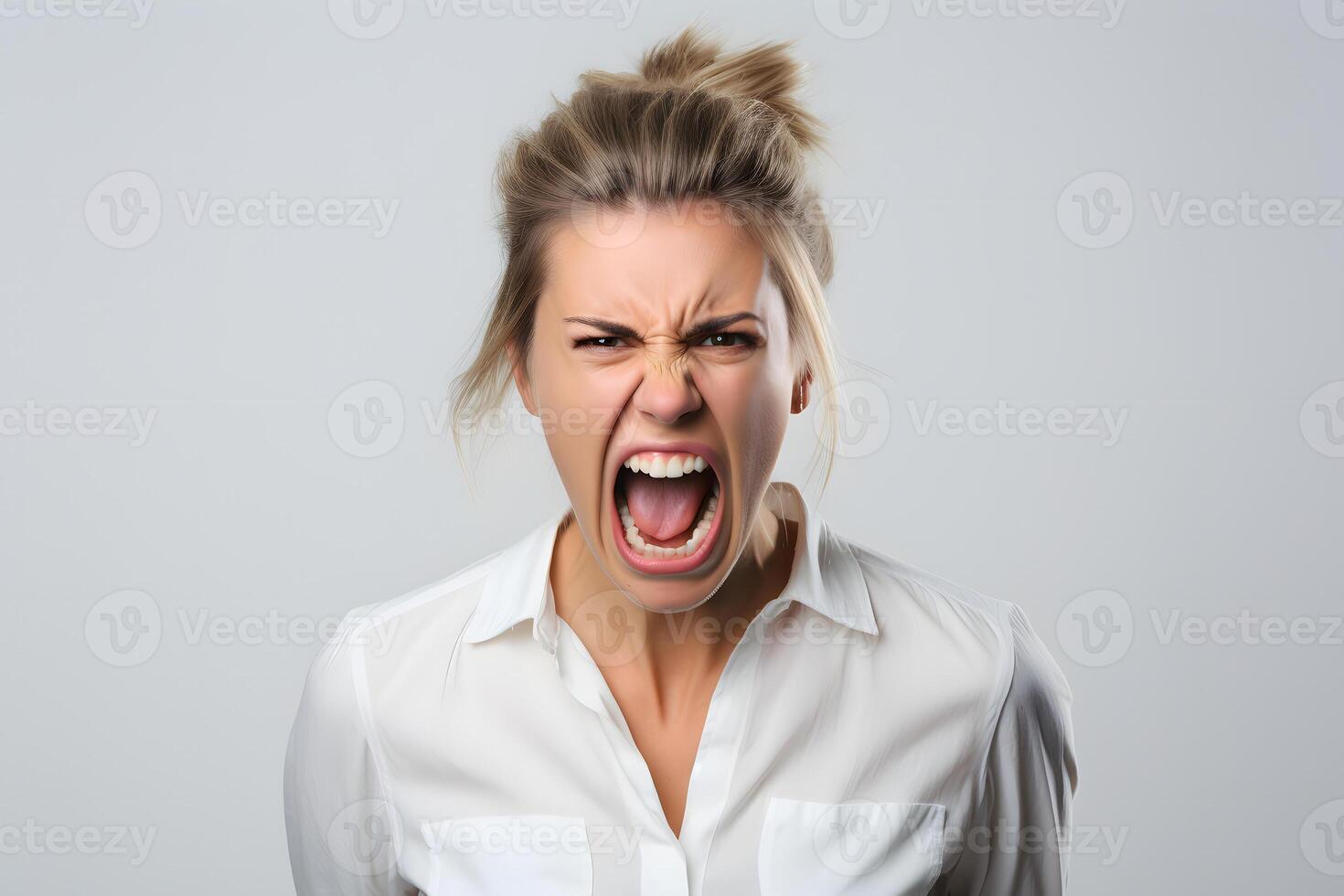 ai genererad arg ung vuxen blond caucasian kvinna skrikande på grå bakgrund. neuralt nätverk genererad fotorealistisk bild. foto