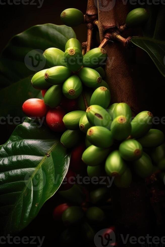 ai genererad närbild av kaffe frukt på en kaffe bruka på en gren, colombia foto