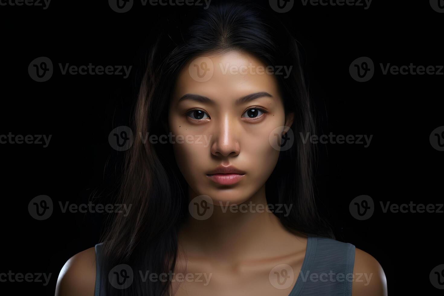 ai genererad asiatisk ung vuxen kvinna porträtt på svart bakgrund. neuralt nätverk genererad fotorealistisk bild foto