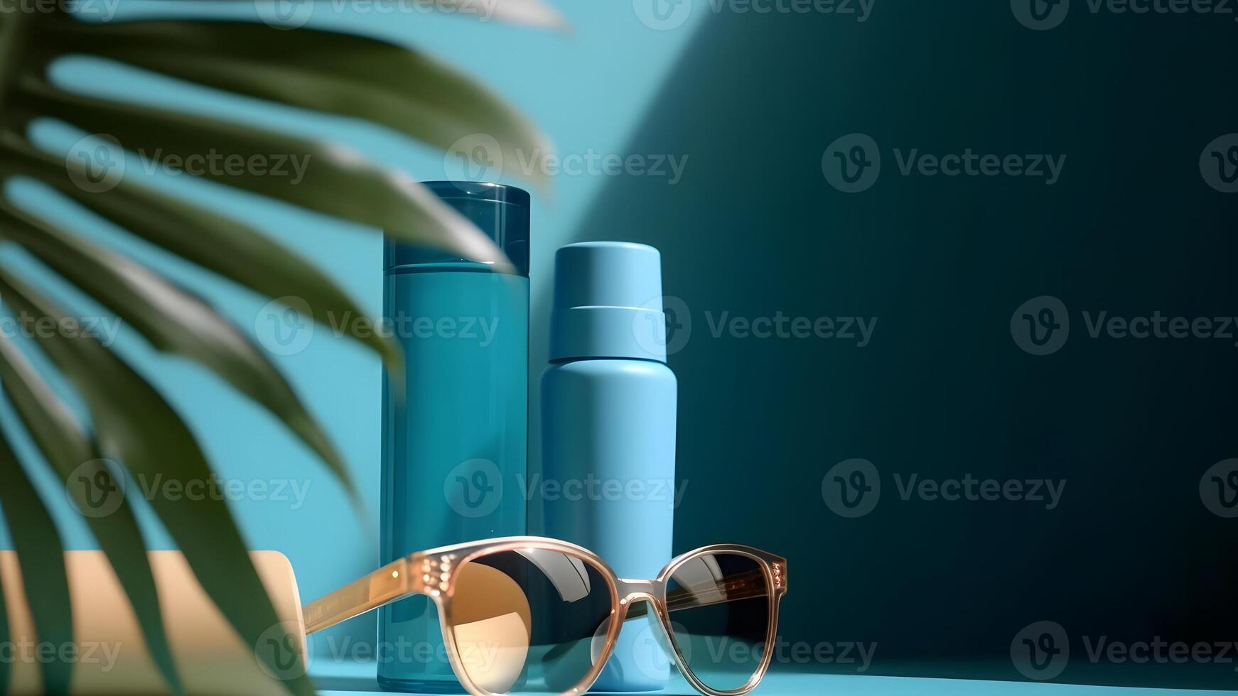ai genererad solkräm lotion flaskor och solglasögon med handflatan blad på ljusblå bakgrund, neuralt nätverk genererad bild foto