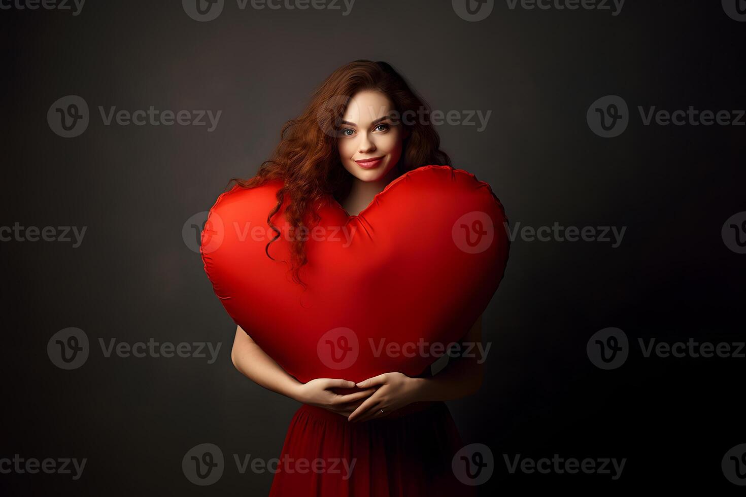 ai genererad kvinna innehav stor röd hjärta på mörk grå bakgrund, neuralt nätverk genererad fotorealistisk bild foto