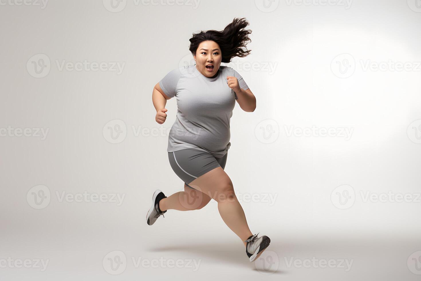 ai genererad övervikt asiatisk kvinna löpning på vit bakgrund, begrepp av övervikt och vikt förlust. neuralt nätverk genererad fotorealistisk bild foto
