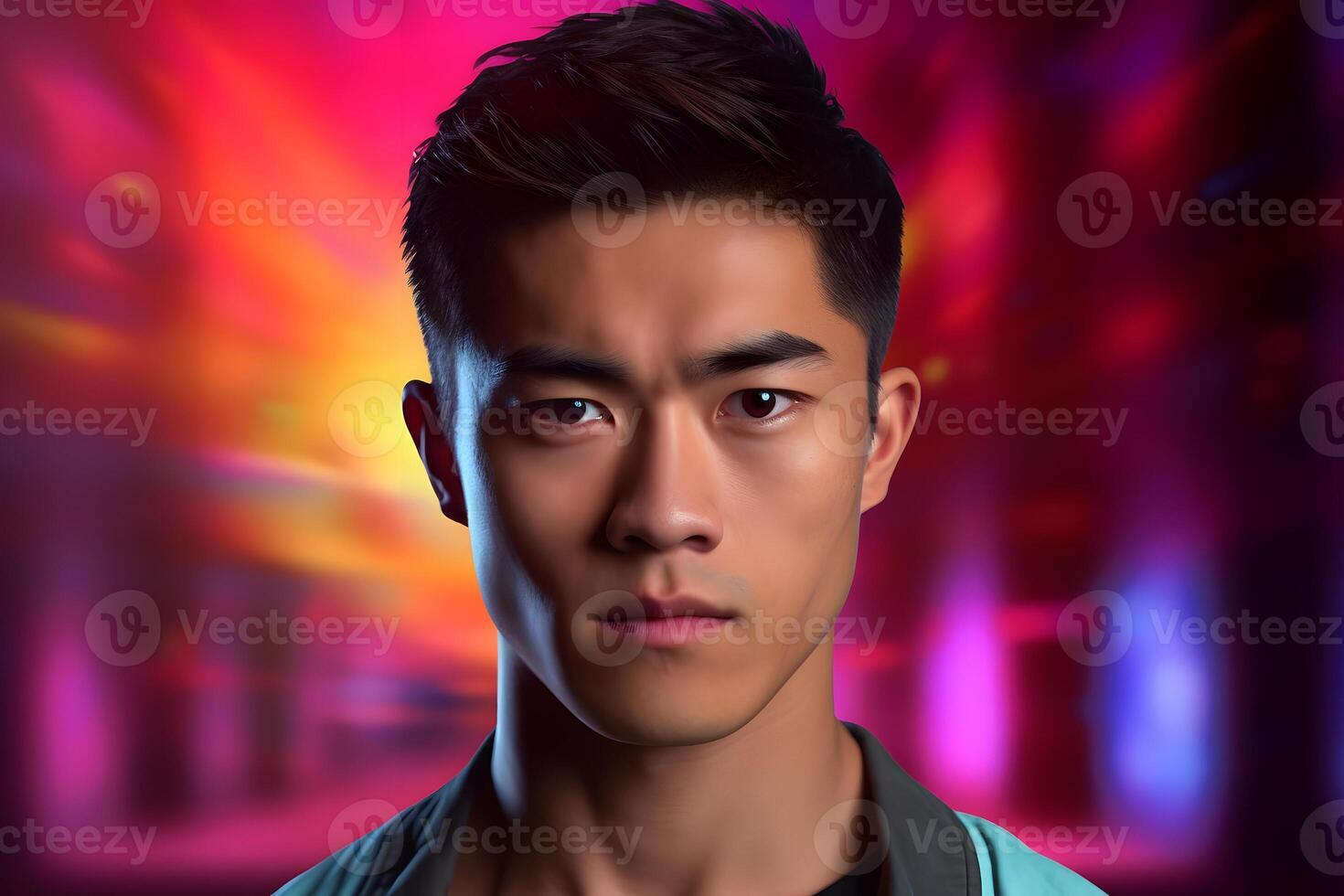 ai genererad allvarlig ung vuxen asiatisk man, huvud och axlar porträtt på färgrik bakgrund. neuralt nätverk genererad fotorealistisk bild foto