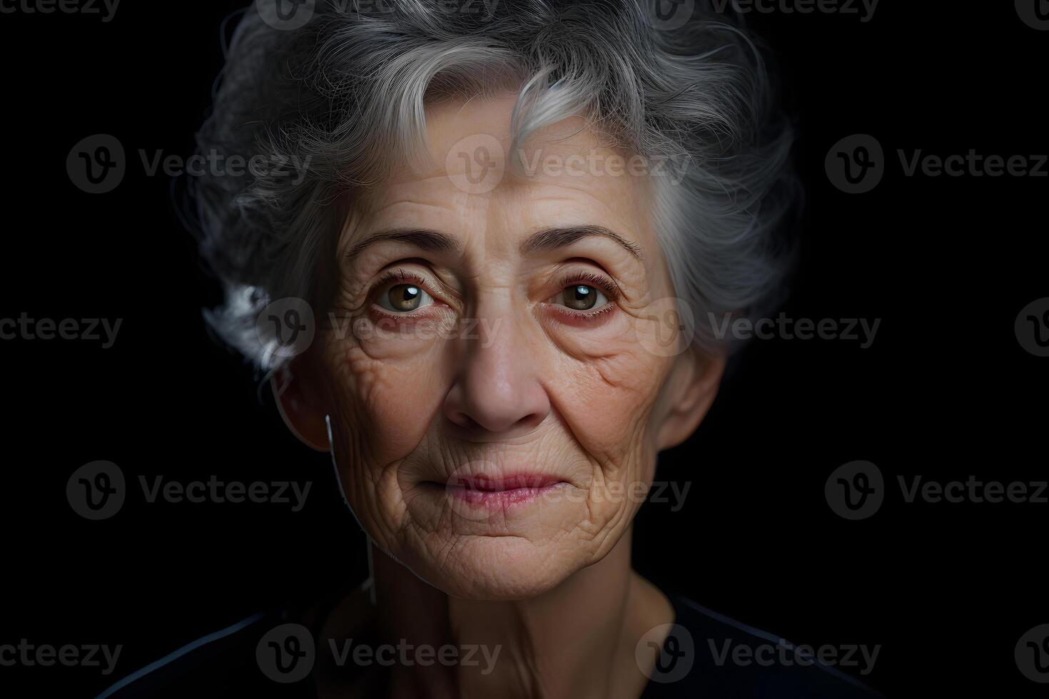 ai genererad porträtt av senior gråhårig caucasian kvinna på svart bakgrund. neuralt nätverk genererad fotorealistisk bild. foto